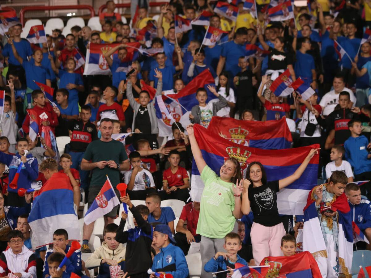 Ulaz na meč reprezentacije u Leskovcu samo za osnovne škole, fudbalske klubove i škole fudbala 1 deca tribina reprezentacija foto fss