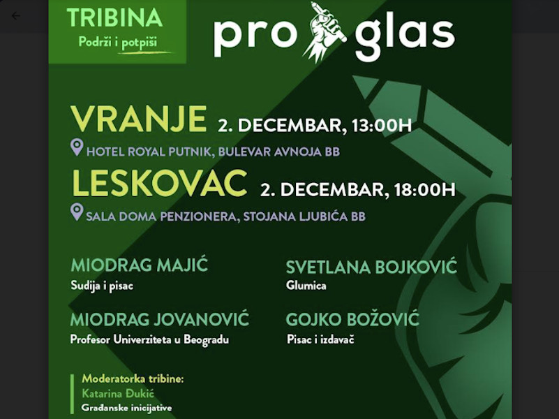 “ProGlas” stiže na jug: Ceca Bojković i Miodrag Majić u Vranju i Leskovcu 16 tribina proglas