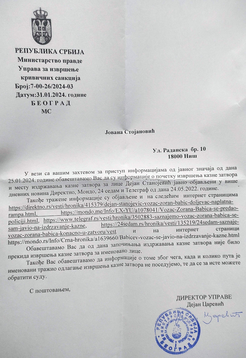 odgovor doljevac nesreća