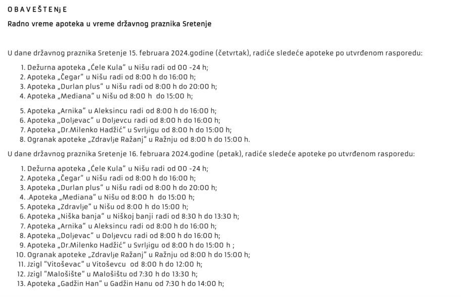 Nedeljni red vožnje i besplatan parking - praznično radno vreme u Nišu naredna tri dana 2 Screenshot 2025 02 14 at 15.41.42