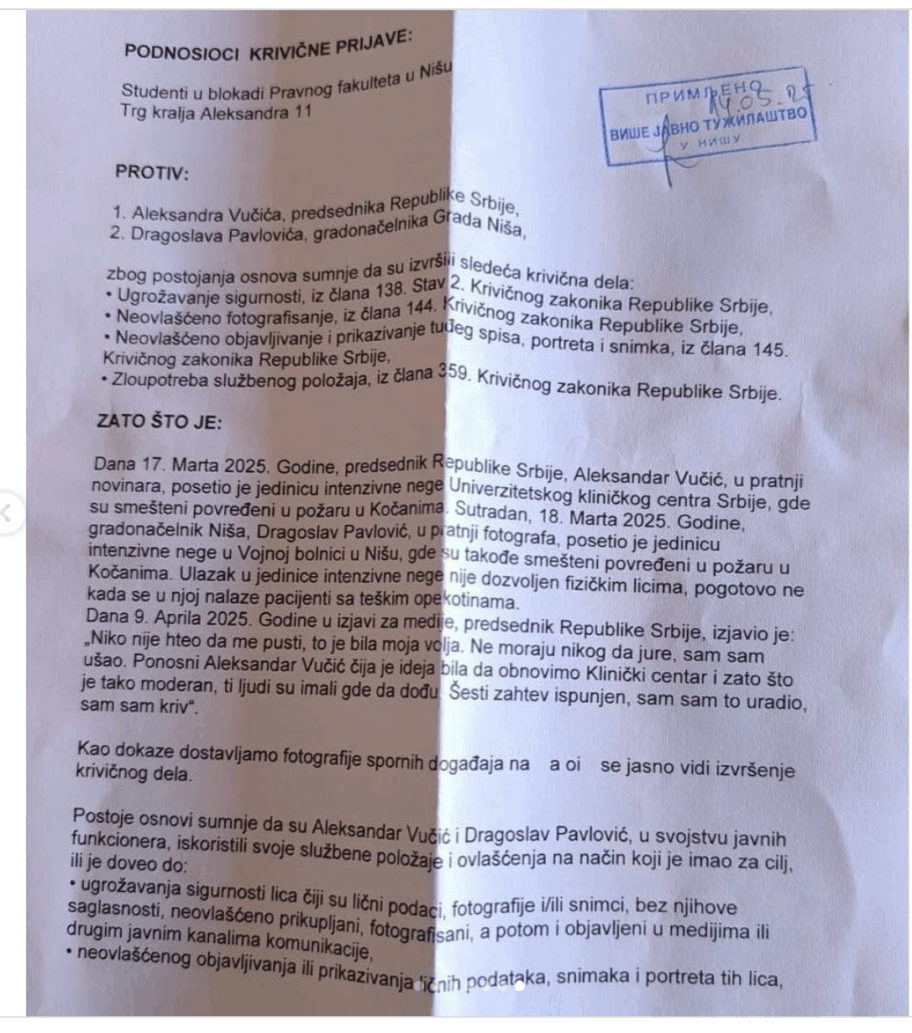 Niški studenti podneli krivičnu prijavu protiv predsednika Vučića i gradonačelnika Niša 2 Screenshot 2025 05 14 at 16.17.39