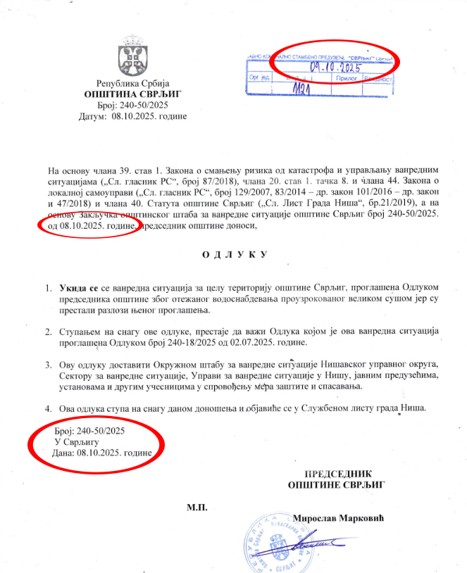 Odluka o ukidanju vanredne situacije Svrljig