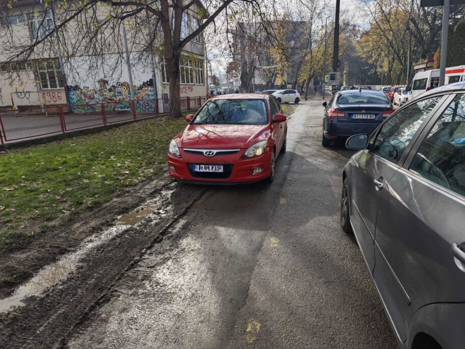 Iščupan stub stvorio prečicu - vozilima preko zelenila i dvorišta škole na niškom Bulevaru 2 20251120 130345