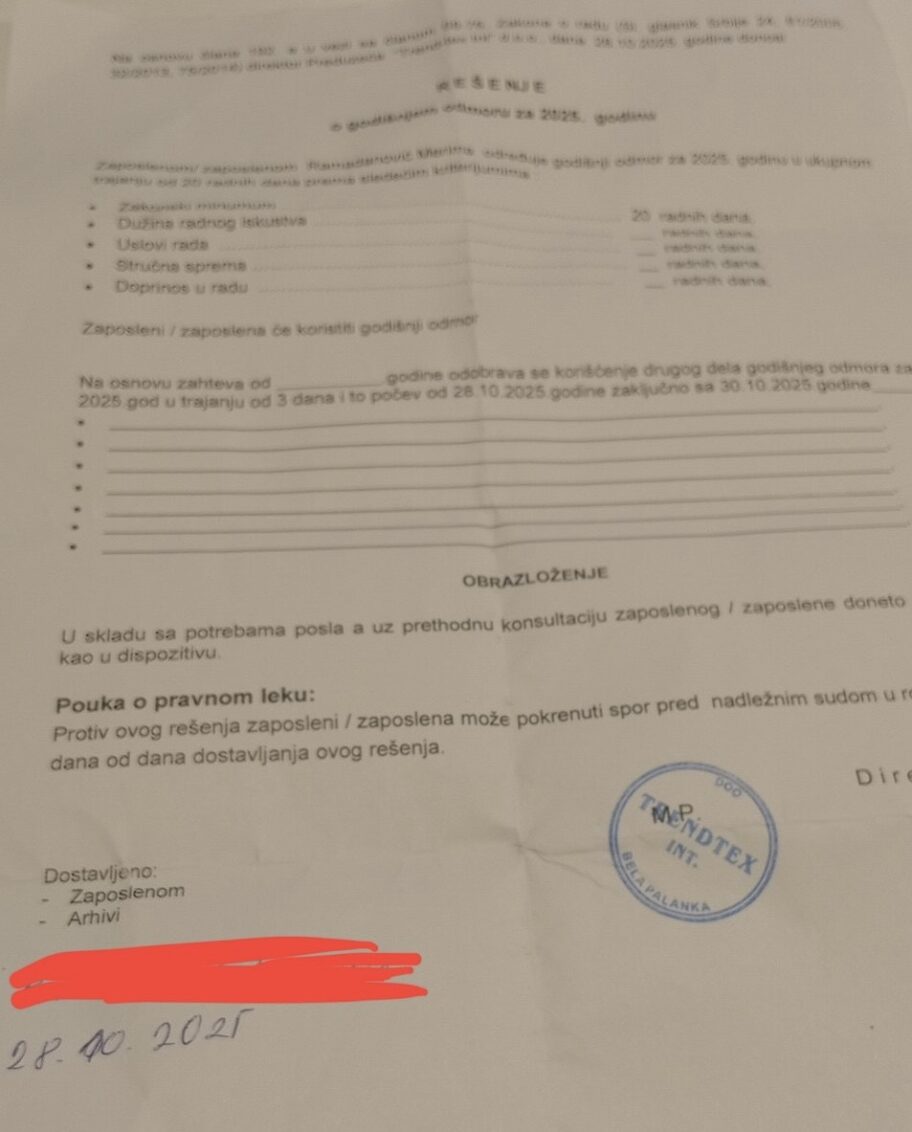 Zbrka u fabrici u Beloj Palanci - upozorenja otkazima zbog lažnog kolektivnog odmora i prijave inspekciji 2 resenje odmor