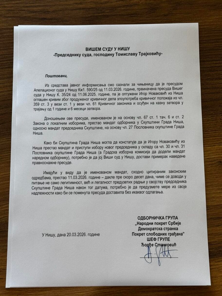 Niški NPS se obratio Višem sudu - traže da presuda Novakoviću hitno stigne u gradsku Skupštinu 2 viber slika 2026 03 23 09 55 26 564
