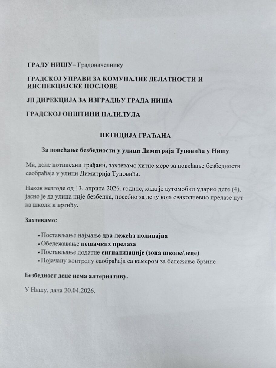 Građani Niša peticijom traže poboljšanje bezbednosti u Dimitrija Tucovića nakon nezgode u kojoj je povređeno dete 3 0 02 05 9be2ccf53e14dc72035e75071aa1174d05c5639933466fb5328966e0717a092c 226d60c175c