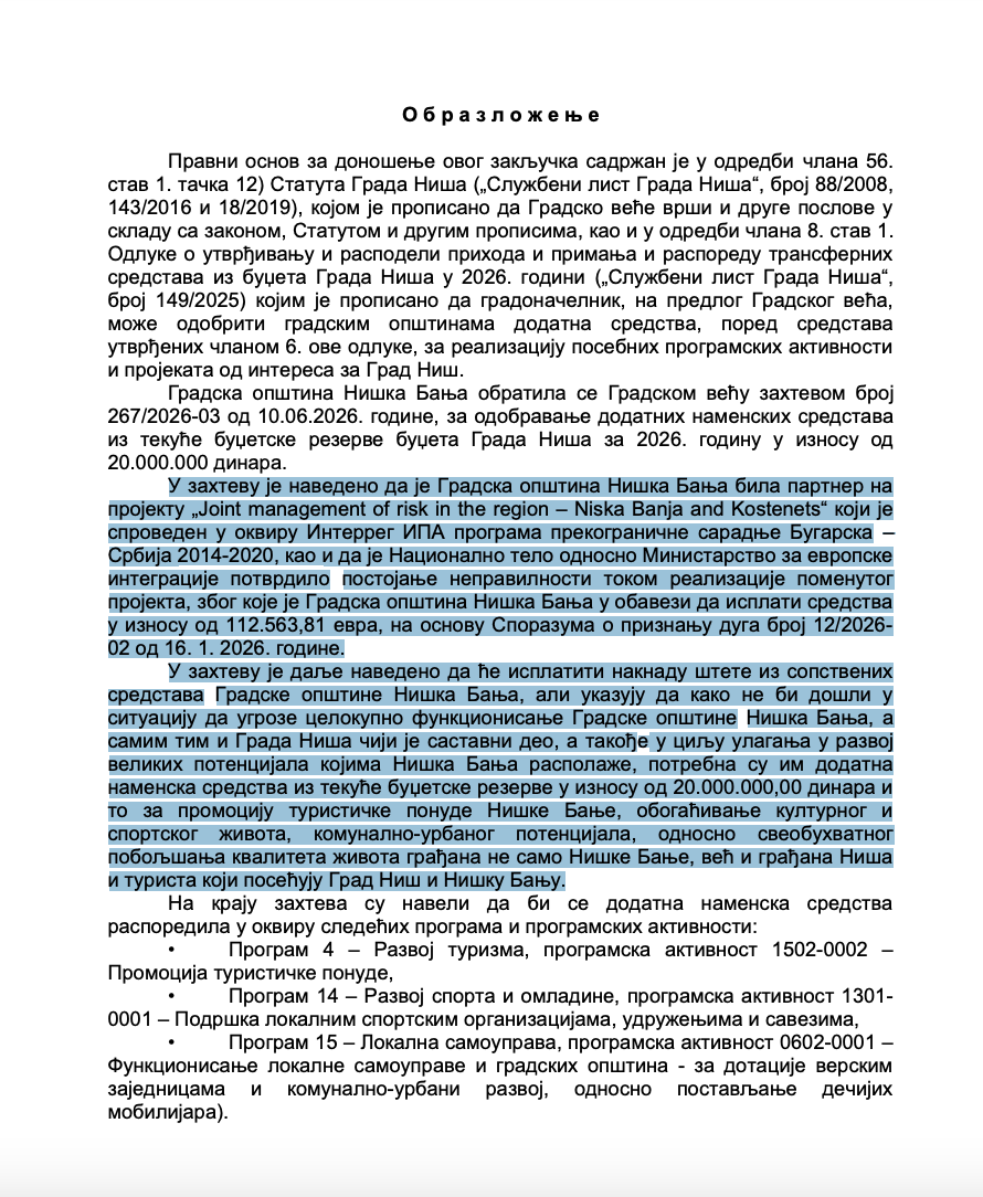 Niška Banja mora da plati više od 112.000 evra zbog nepravilnosti u IPA projektu - Grad Niš "uskače" novcem građana 2 Screenshot 2026 07 07 at 16.46.17