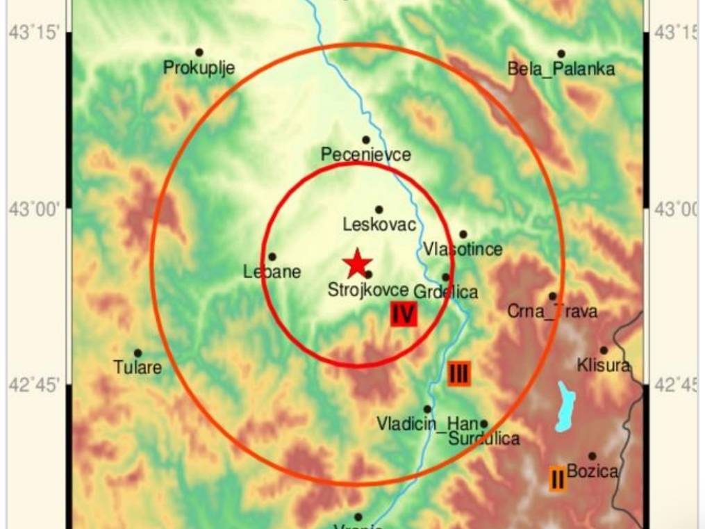 Zemljotres jačine 3,8 pogodio Leskovac, usledila još četiri naknadna potresa 1 zemljotres